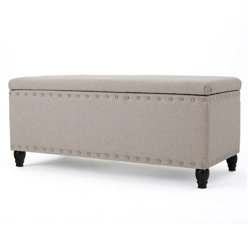 Sharon Storage Ottoman Bench, Beige Fabric, Nailhead Trim, 42 Inch -Benzara