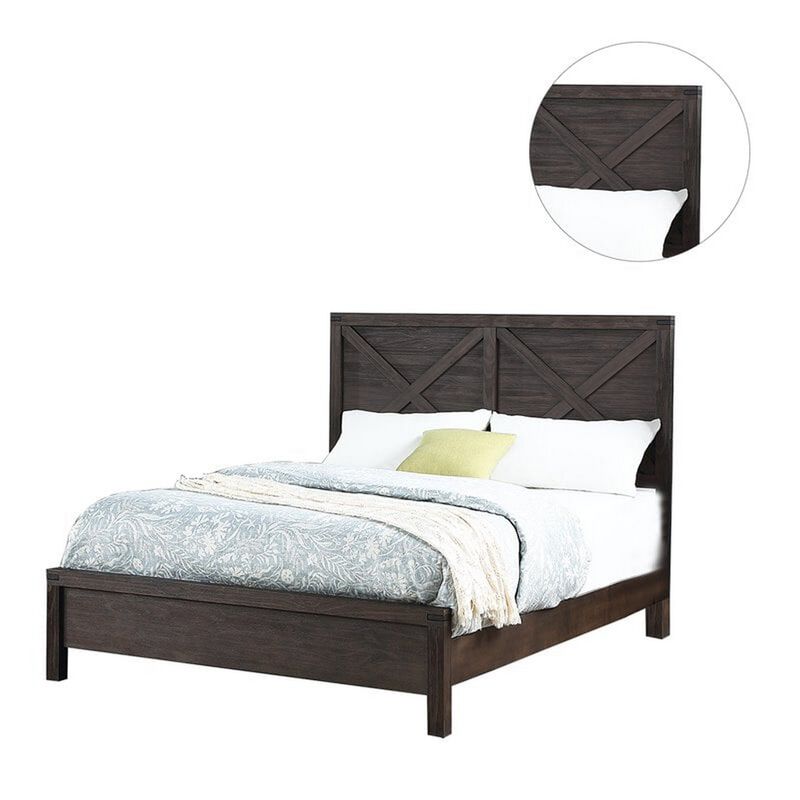 Yale Platform Queen Size Bed, Crossed Accent Panel, Dark Walnut Brown - Benzara