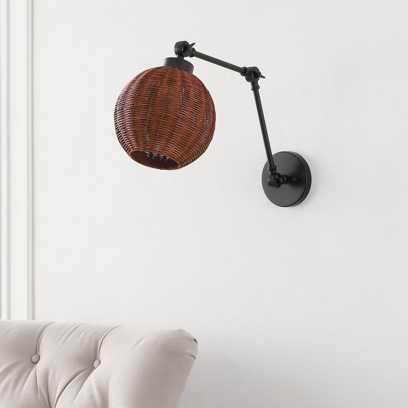 Lyla 1-Light Mid-Century Vintage Rattan Globe Swing Arm LED Sconce