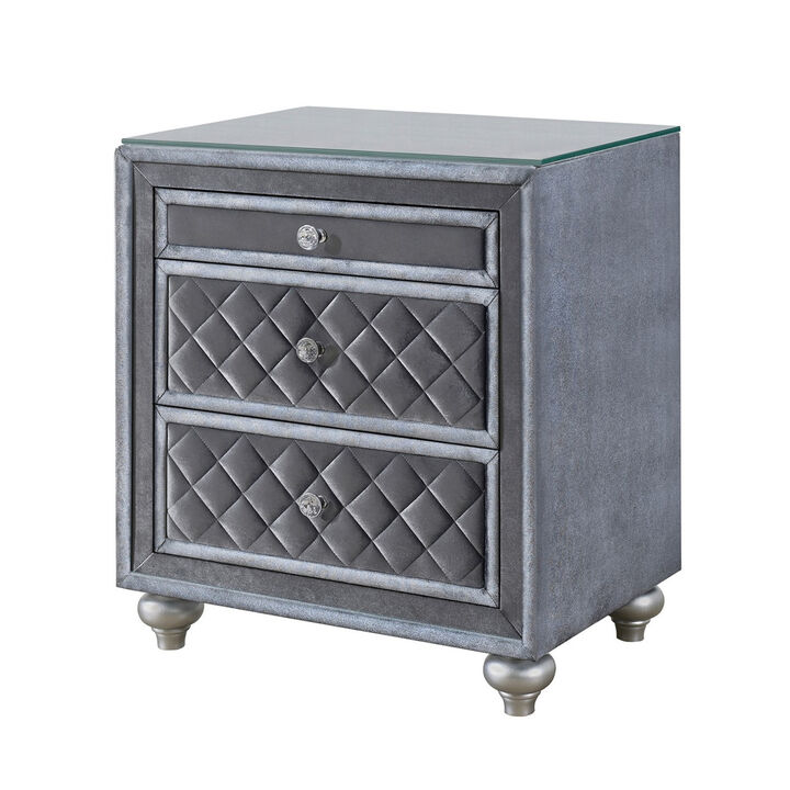 Yin 30 Inch 3 Drawer Nightstand, Glass Top, Crystal Knobs, Gray Velvet-Benzara