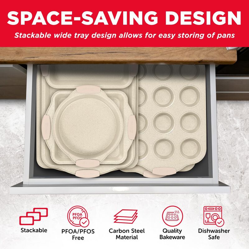 BAKKEN Kitchen Baking Pan Set - Nonstick Coating, Carbon Steel Bakeware Sets with Silicone Handles, Baking Kitchen Essentials, PFOA, PFOS, PTFE Free, Oven Safe Tray (Up To 450° F), Set of 10