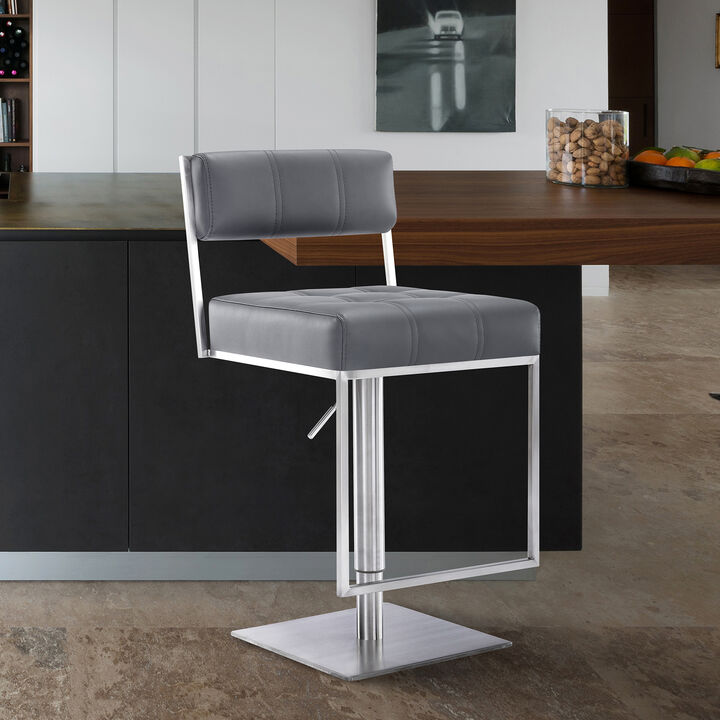 Michele Swivel Adjustable Height Off-White Faux Leather and Brushed Stainless Steel Stool