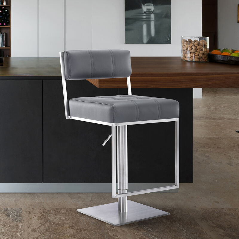 Michele Swivel Adjustable Height Off-White Faux Leather and Brushed Stainless Steel Stool