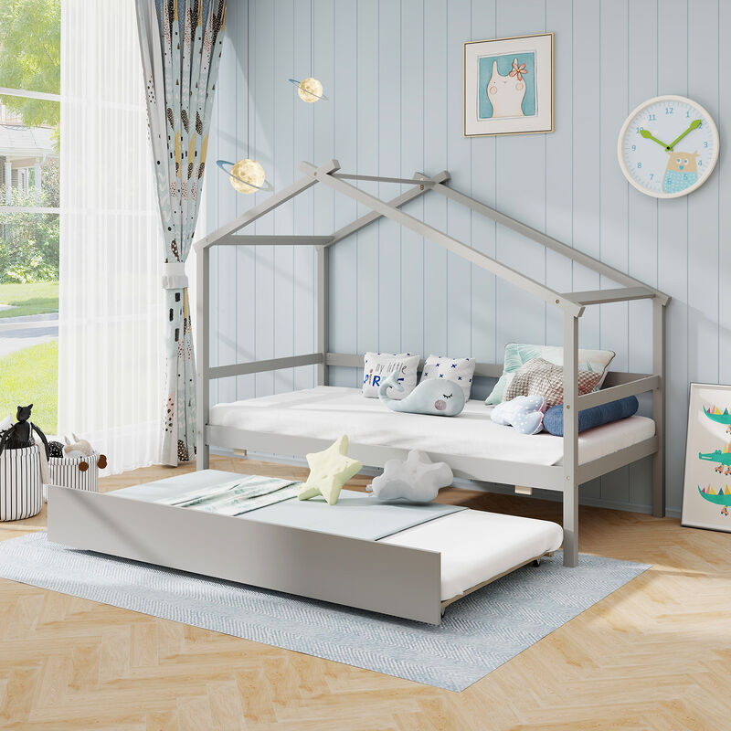 Kids Twin Size House Bed with Trundle and Roof Fun and Functional Sleep Space