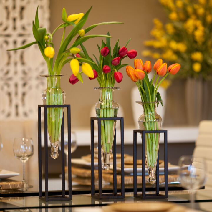 Set of 3 Amphorae Vases on Square Tubing Metal Stands