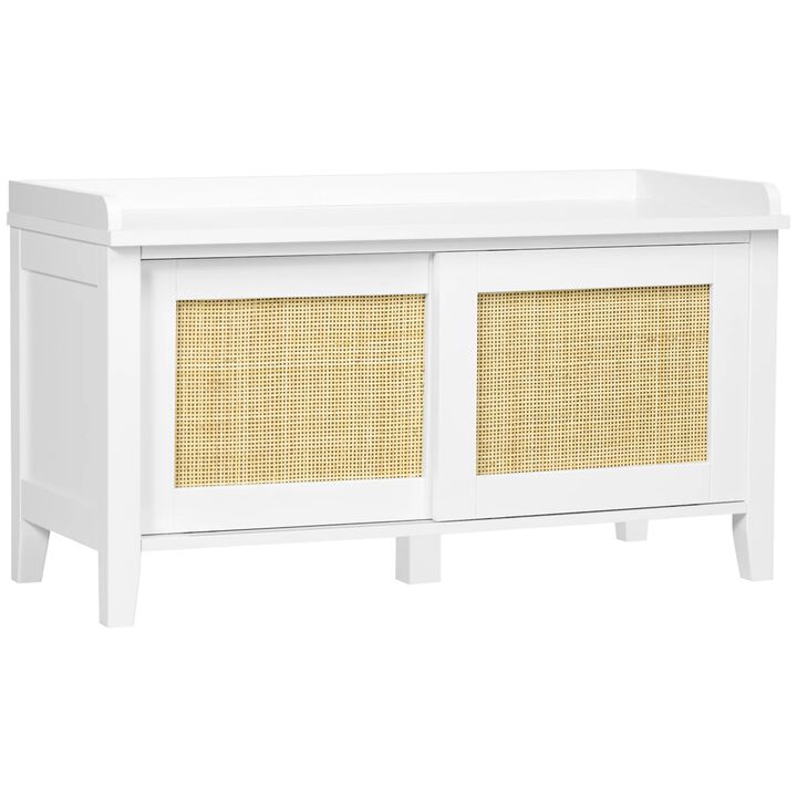 White Entryway Organizer: Shoe Bench with Rattan Sliding Doors