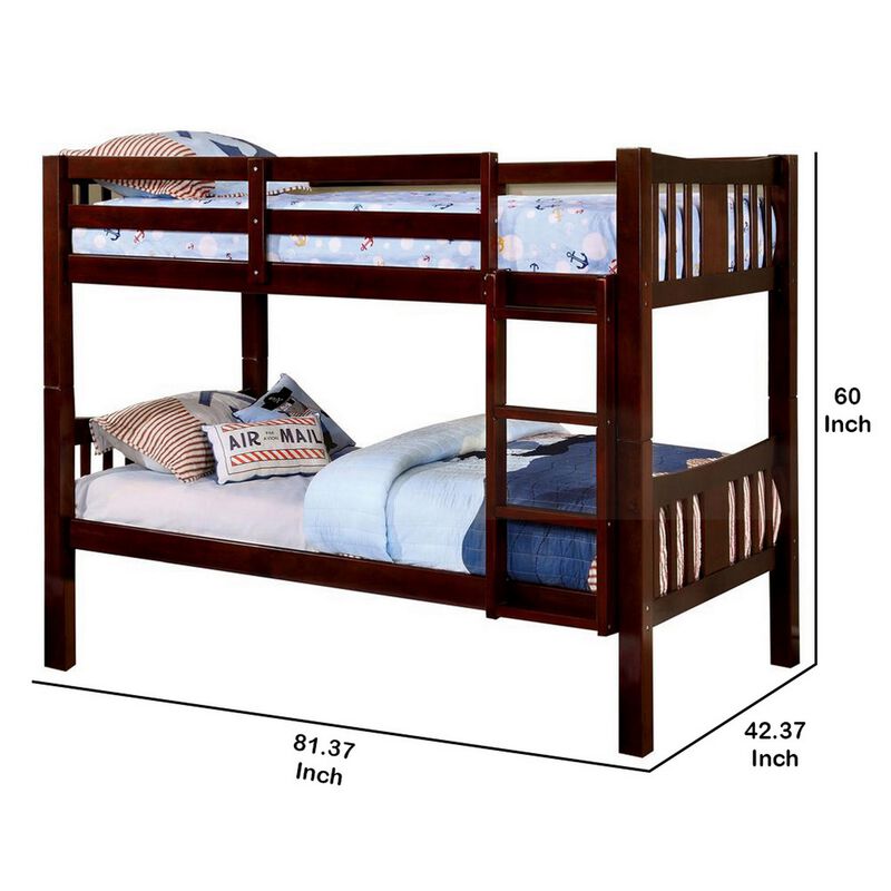 Slatted Twin Over Twin Bunk Bed with Attached Ladder, Espresso Brown-Benzara