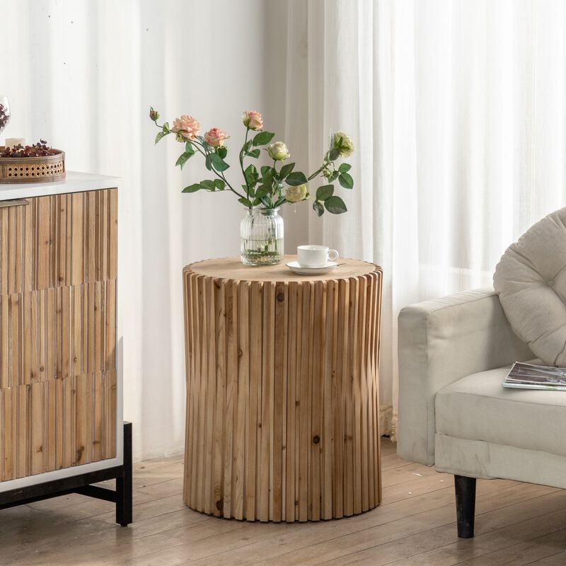 Retro Fashion Style Cylindrical Coffee Table With Vertical Texture Relief Design, Suitable