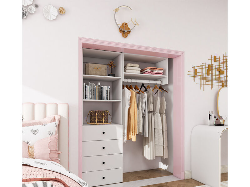 Wood Closet System with 4 Drawers Modular  Storage Cabinet, Hanging Rod and 4 Shelves Clothes Garment Rack Wall Mount or Built-in Organizer for Bedroom 