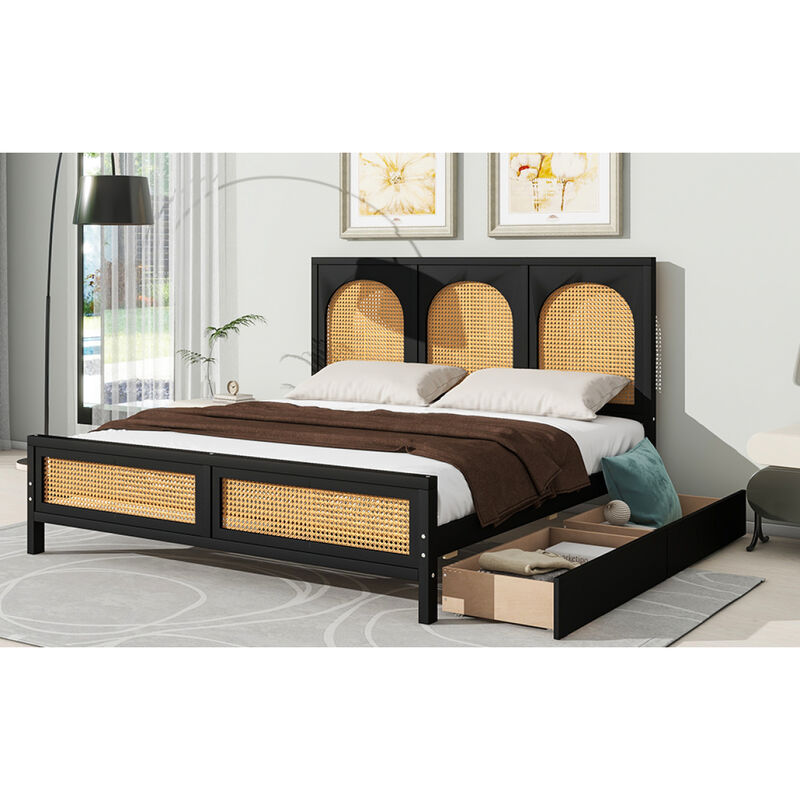 Queen Size Wood Storage Platform Bed With 2 Drawers, Rattan Headboard And Footboard