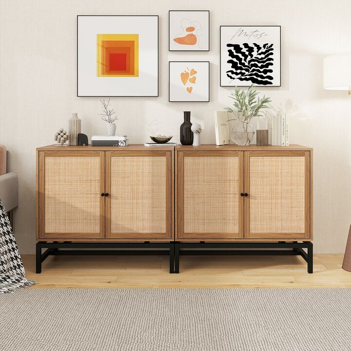 MONDAWE 2 Pieces Double Door Natural Rattan Cabinet with 1 Adjustable Inner Shelves, Accent Storage Cabinet（Set of 2）