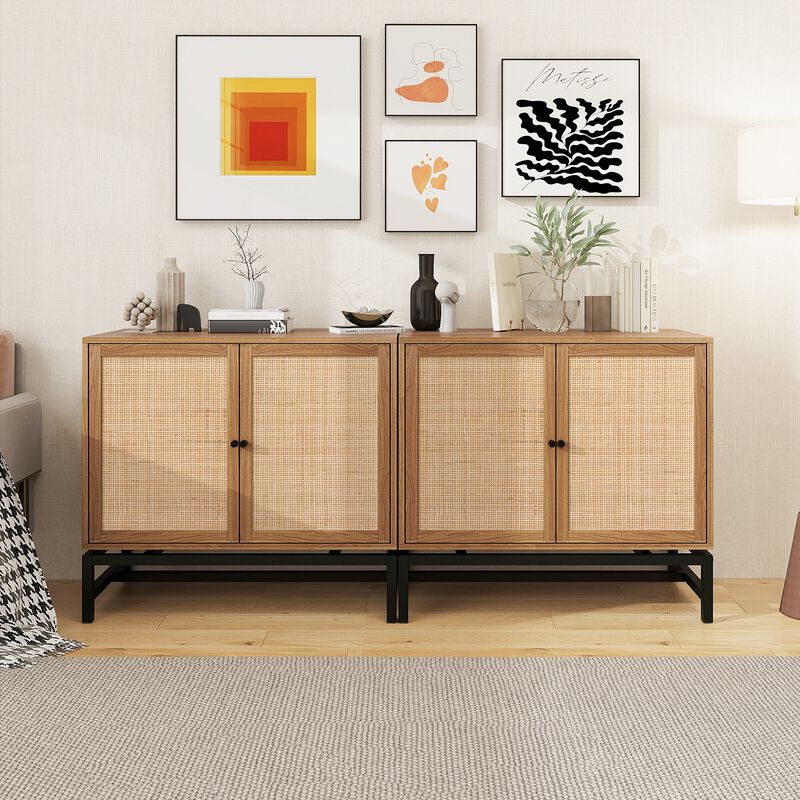 MONDAWE 2 Pieces Double Door Natural Rattan Cabinet with 1 Adjustable Inner Shelves, Accent Storage Cabinet（Set of 2）
