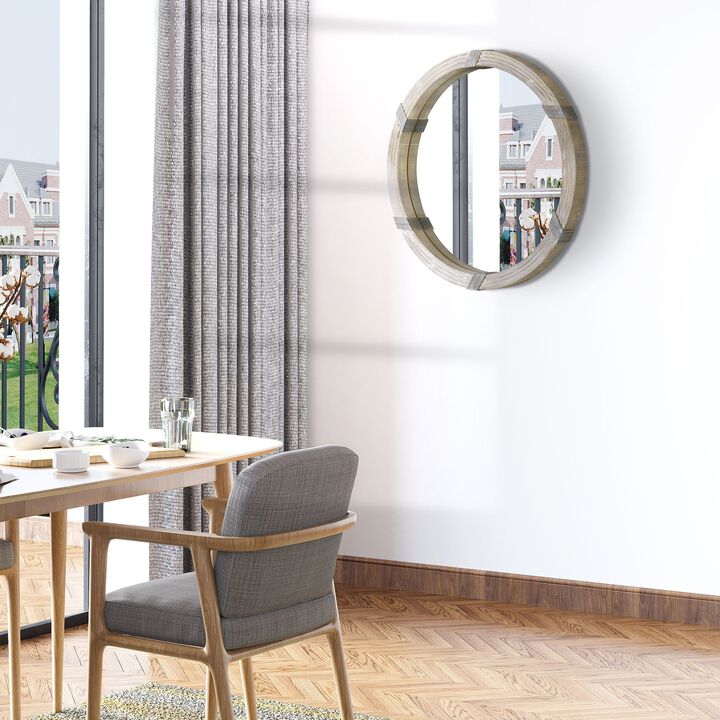 Natural Wood Decor: 31 Inch Round Wall Mirror for Living Room