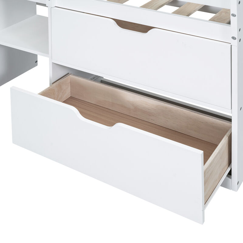 Merax Low Loft Bed with Rolling Desk and Drawers
