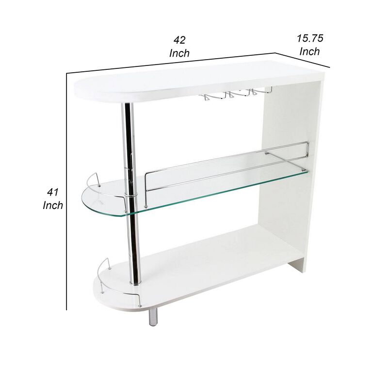 Zaina 42 Inch Modern Bar Table, 3 Shelves, Tempered Glass, White, Chrome - Benzara