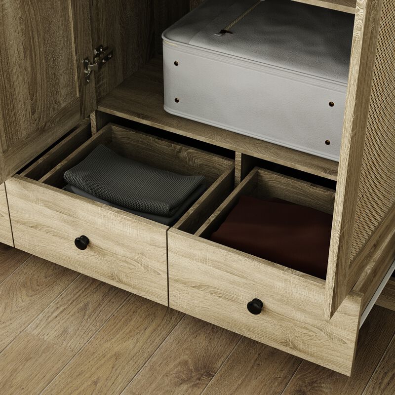 FUFU&GAGA Natural Wood Wardrobe with Shelves, Drawers, and Hanging Space, (47.2" W x 18.9" D x 70.9" H)，Brown