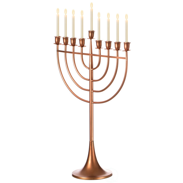 Modern Solid Metal Judaica Hanukkah Menorah 9 Branched Candelabra, Copper Finish Large Modern Solid Metal Judaica Hanukkah Menorah 9 Branched Candelabra, Copper Finish Large