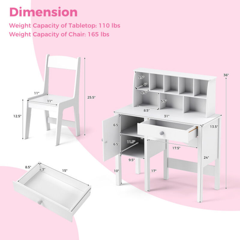 Kids Study Desk and Chair Set with Hutch and Storage Cabinet