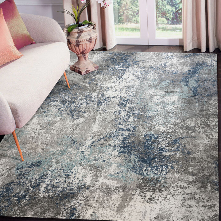 Yasmin Deva Blue/Gray Abstract Polyester Area Rug 9' x 13'