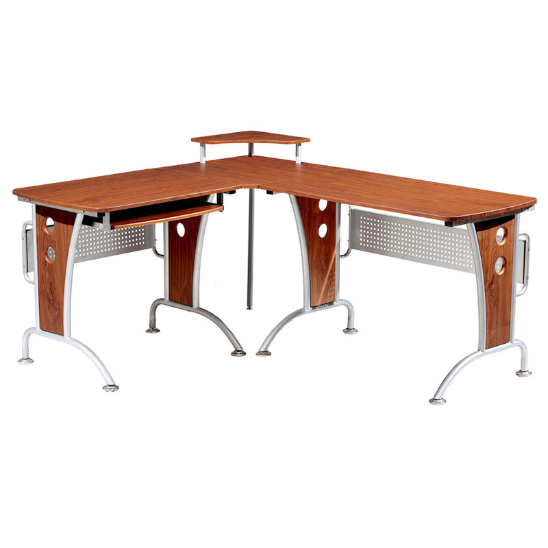 Deluxe L-Shaped Computer Desk With Pull Out Keyboard Panel, Mahogany