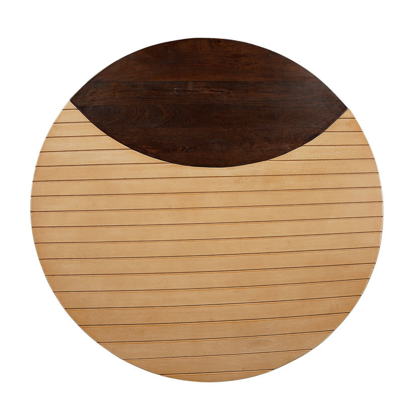 35 Inch 2 Piece Coffee Table with Black Iron Frame, 2 Tone Mango Wood Top In Natural Brown and Walnut - Benzara