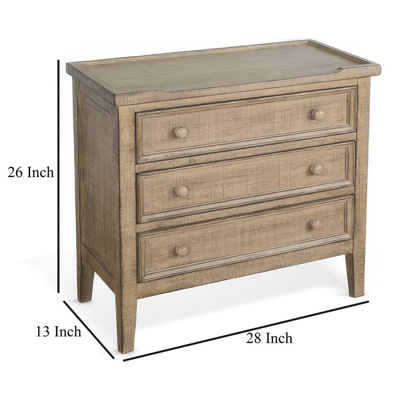 Rena Side End Table with 3 Drawers, 28 Inch Rustic Brown Mahogany Wood - Benzara