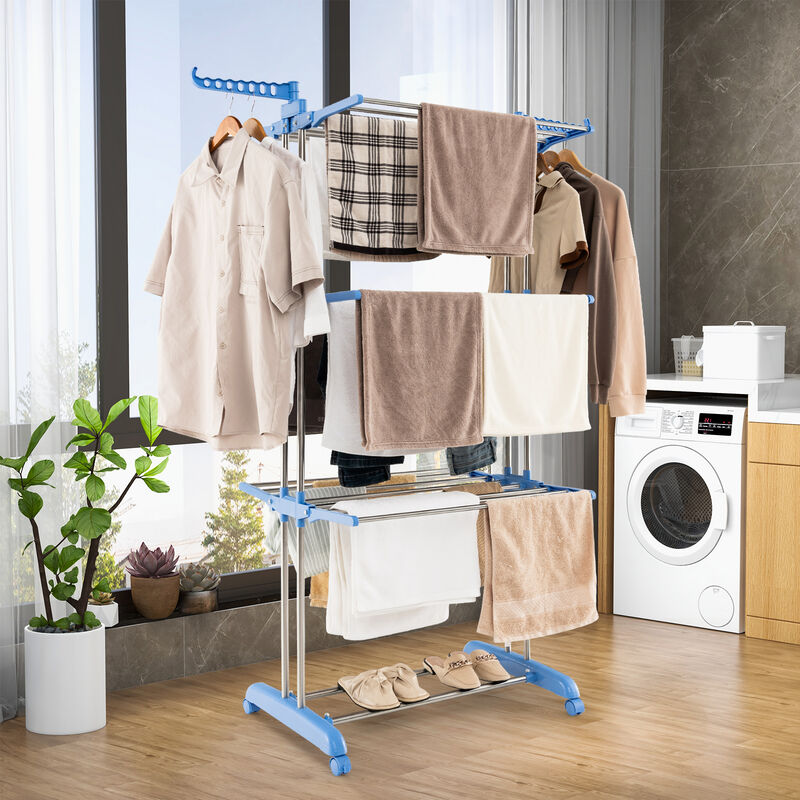 4-tier Folding Clothes Drying Rack with Rotatable Side Wings-Blue and Silver