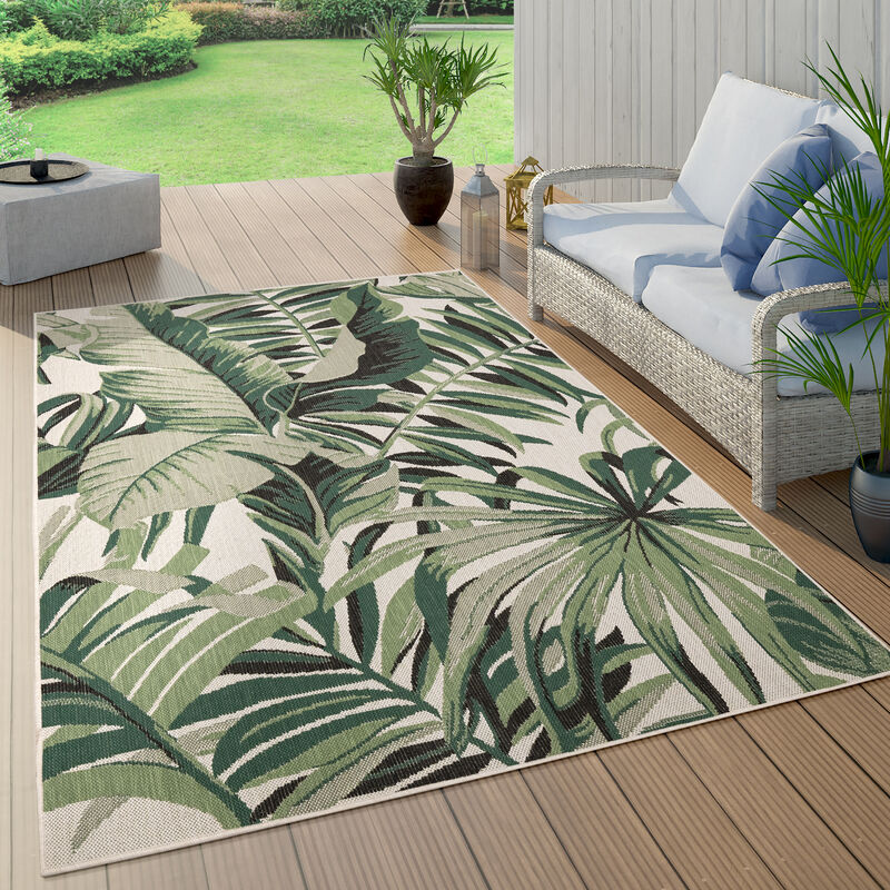 Green Beige Outdoor Rug with Tropical Palm Leaf Design for Patio