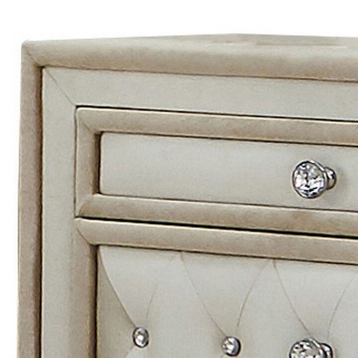 Matt 30 Inch Modern Nightstand, 3 Drawers, Velvet Tufted, Ivory Light Brown-Benzara