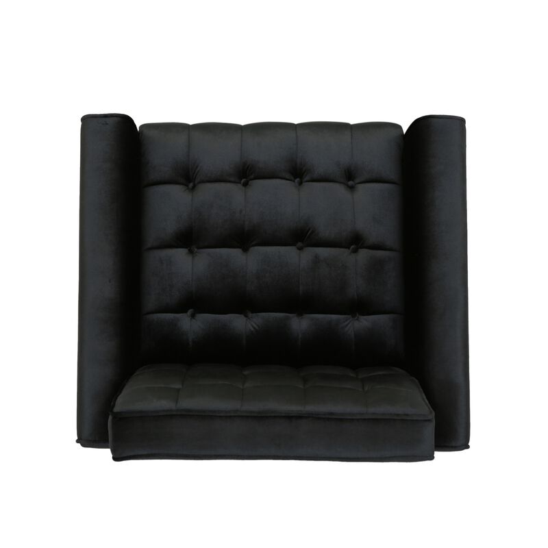 Covia Accent Club Chair with Waffle Stitch Black Velvet, Gold Tip Legs