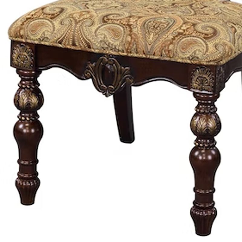 Fabric Upholstered Wooden Side Chair With Intricate Back, Set of 2 , Cherry Brown-Benzara