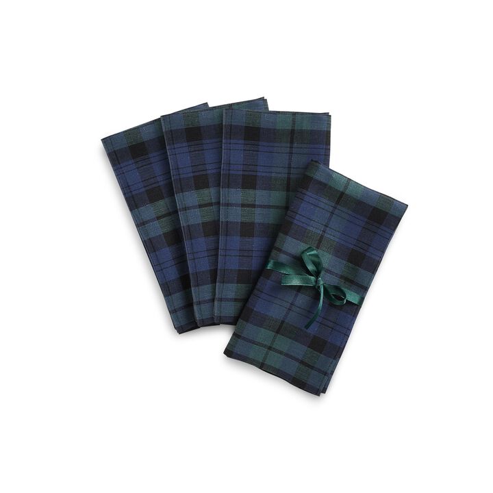 Solino Home 100% Pure Linen Cloth Napkins 20 x 20 Inch Set of 4 | Blackwatch Plaid Dinner Napkins