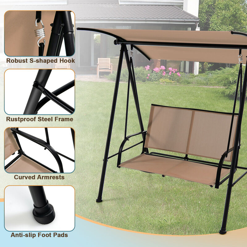 2-Seat Outdoor Canopy Swing with Comfortable Fabric Seat and Heavy-duty Metal Frame