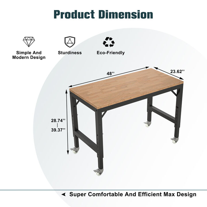 Heavy-Duty Workbench with Lockable Wheels, Hardwood Table for Garage & Workshop