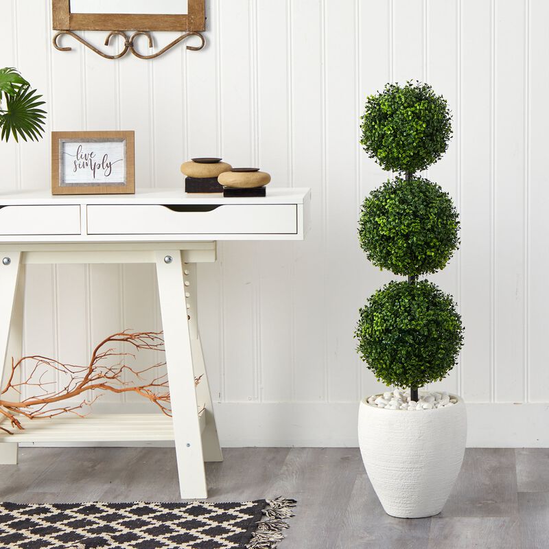 Hivvago 3.5 Feet Boxwood Triple Ball Topiary Artificial Tree in White Planter (Indoor/Outdoor)