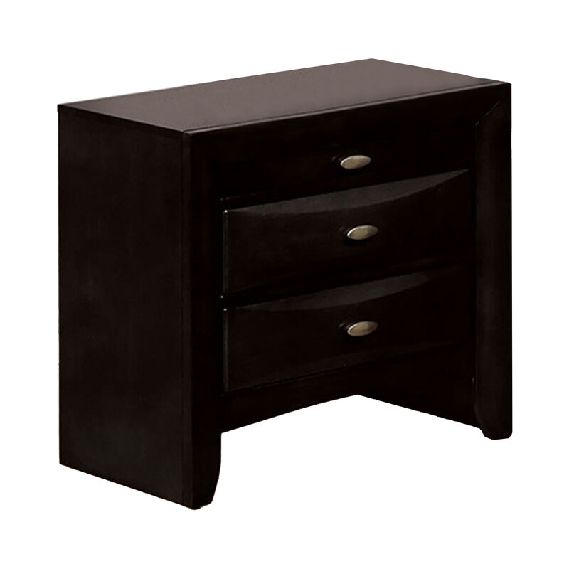 Simo Nightstand, Spacious Top, Metal Knobs, 3 Drawers, Black Solid Wood