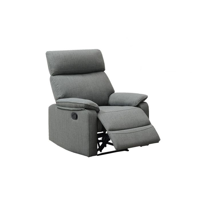 Fery 35 Inch Manual Recliner Chair, Gray Burlap, Cushioned Seat, Solid Wood - Benzara
