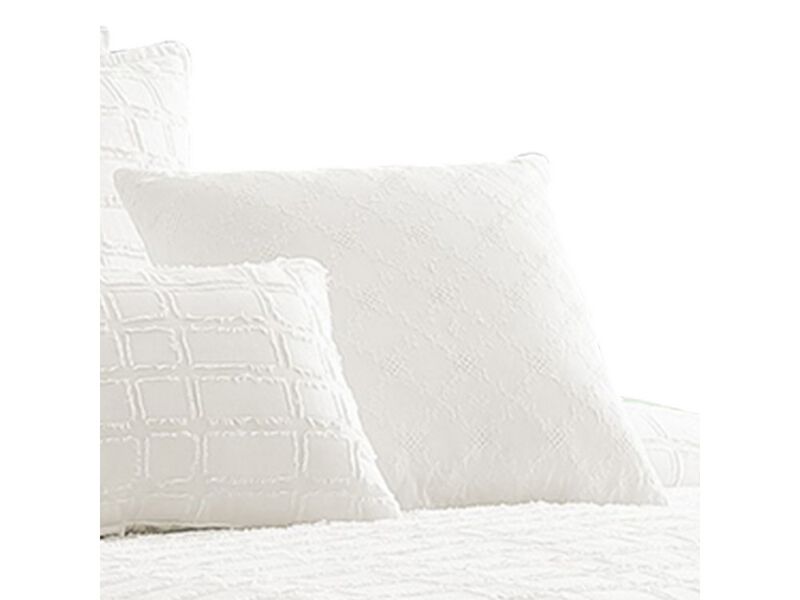 6 Piece Cotton King Comforter Set with Fringe Details, White - Benzara