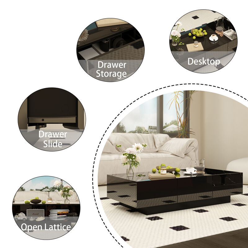 FUFU&GAGA Modern High-Gloss Black Coffee Table with Marble Texture, 2 Drawers & 3 Open Shelves (47.2" W x 23.6" D x 11.6" H), Black