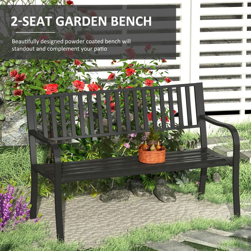 Poolside Duo Seat: 50" Black Metal Slatted Patio Bench for Two