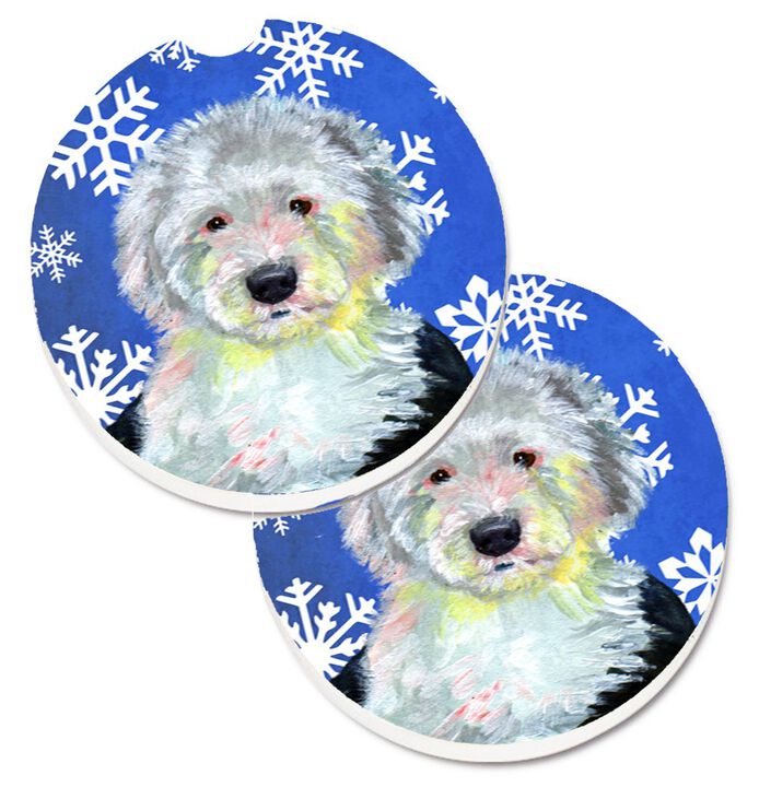 Caroline's Treasures Old English Sheepdog Winter Snowflakes Holiday Set of 2 Cup Holder Car Coasters LH9306CARC, 2.56, Multicolor