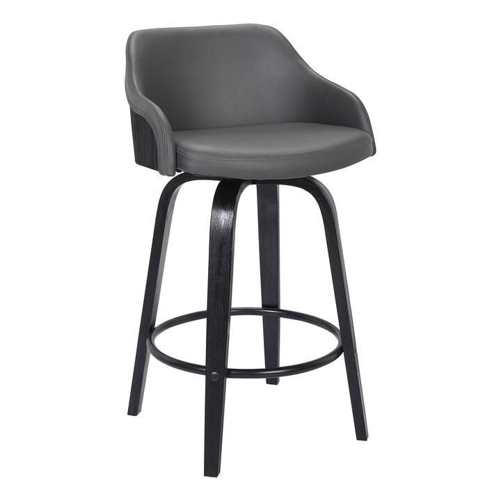 26 Inch Wooden and Leatherette Swivel Barstool, Black and Gray-Benzara