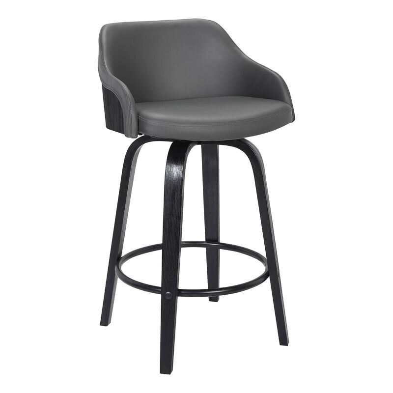 26 Inch Wooden and Leatherette Swivel Barstool, Black and Gray-Benzara
