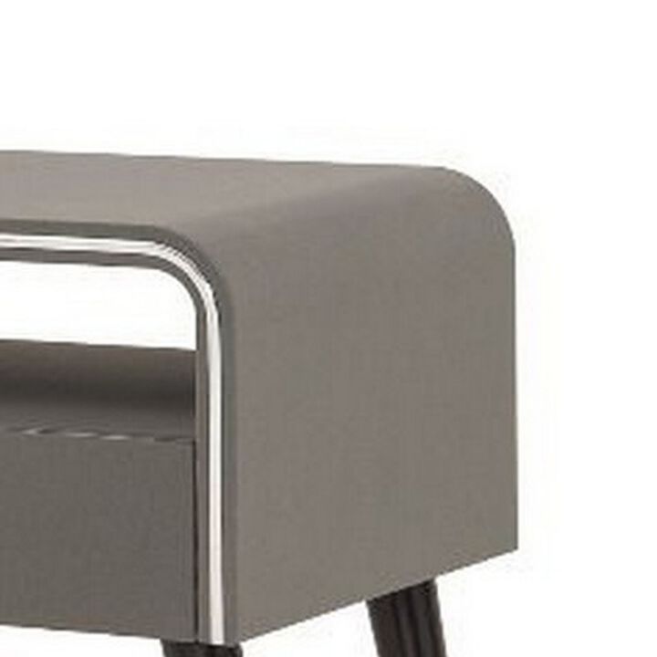 Curved Edge 1 Drawer Nightstand with Chrome Trim, Gray and Brown-Benzara