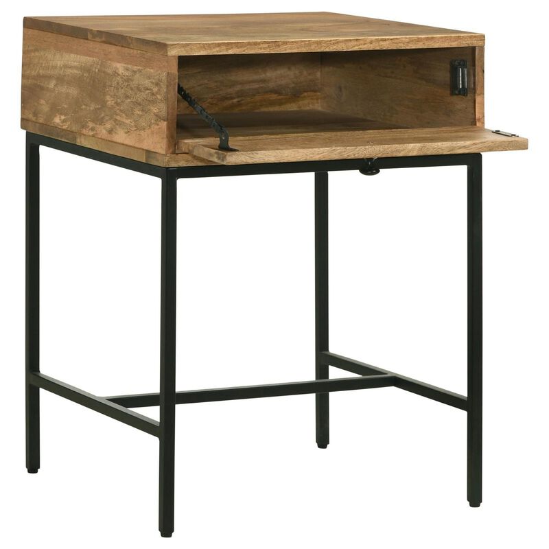 Benjara 24 Inch End Table with Slender Iron Base, Honey Mango Wood Frame, Brown and Black