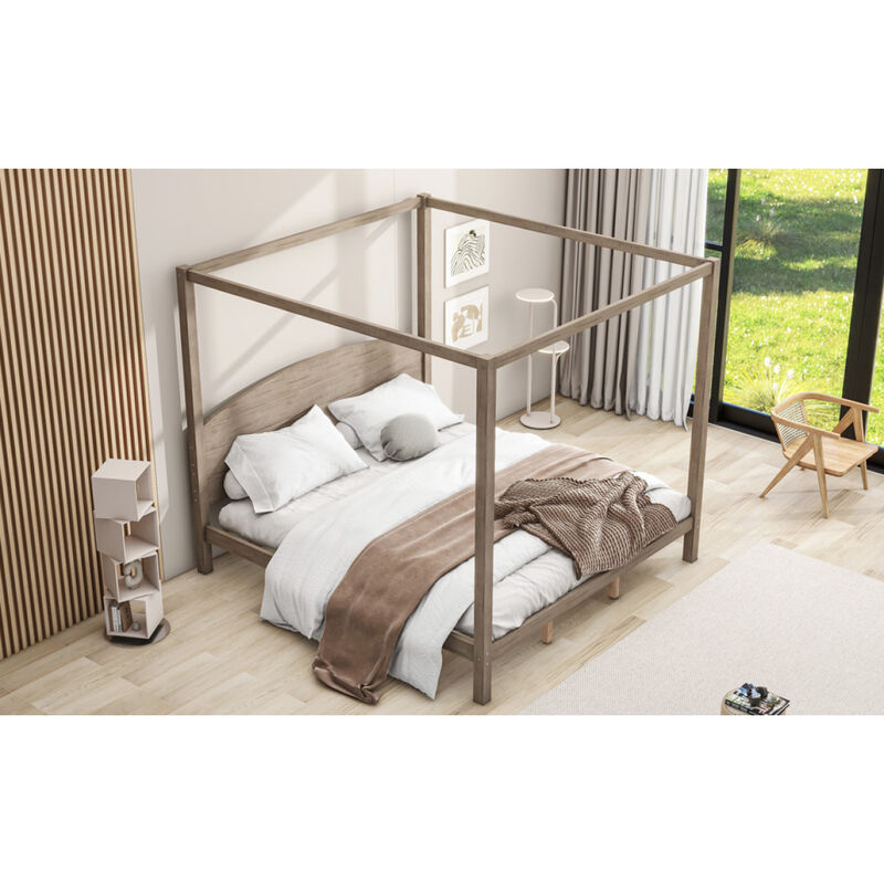 King Size Canopy Platform Bed With Headboard And Support Legs, Wash