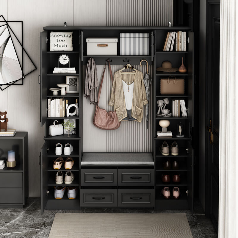 Hall Tree with Bench, 6 Cabinets and 4 Drawers, Entryway Bench with 4 Coat Racks, Entryway Cabinet with 6 Doors and Adjustable Shelves, for Entryway Hallway, 15.7”D x 63”W x 78.7”H, Black