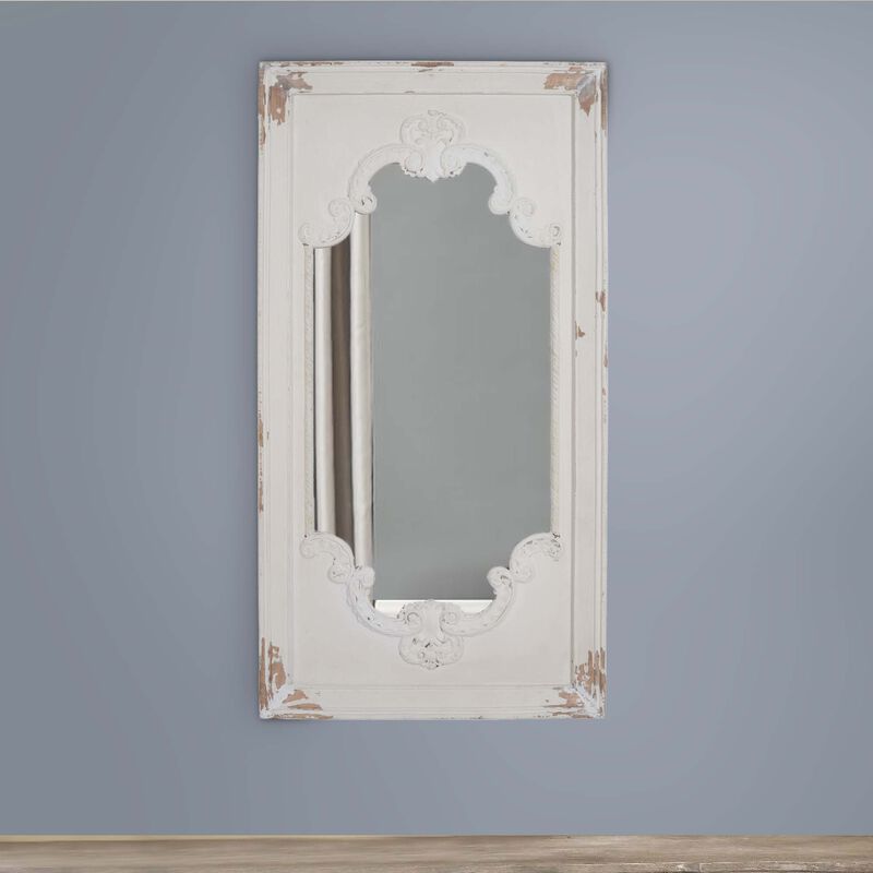 Wooden Rectangle Wall Mirror with Chipped Edges and Hook, White-Benzara