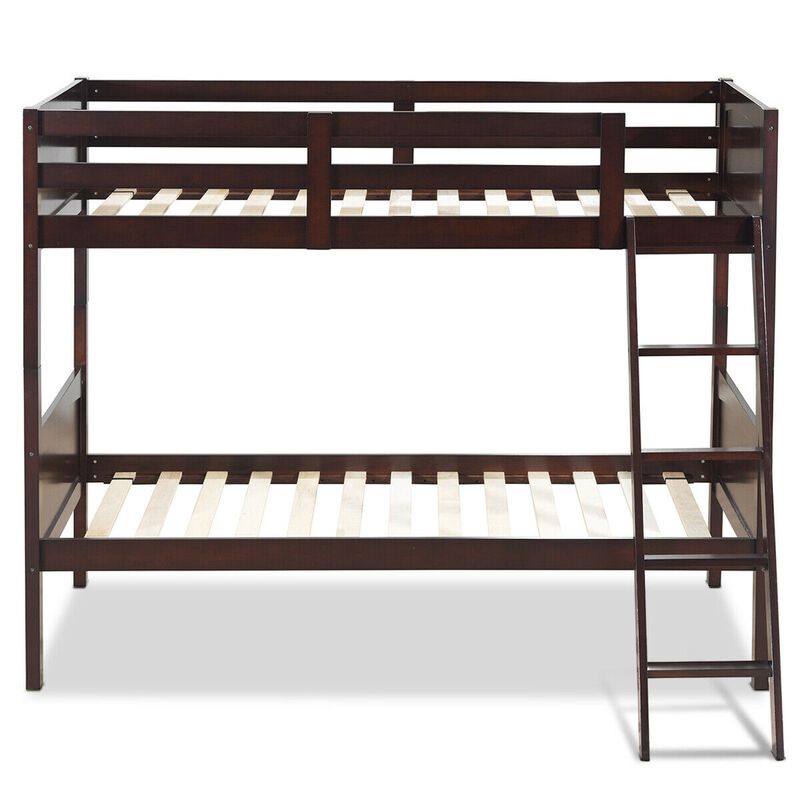 Wooden Twin Over Twin Bunk Bed Frames with Ladder and Safety Rail
