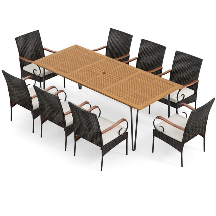 Hivvago 9 Pieces Outdoor Patio Dining Set with Soft Cushions and Umbrella Hole